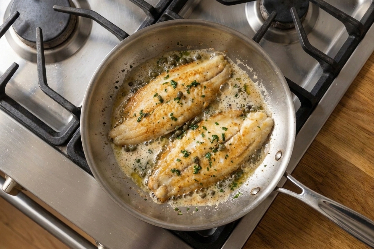 Dover sole fillets sizzling in a wide skillet with a thin sheen of butter, photographed from above on a home stove
