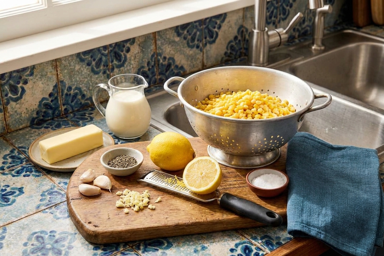 Drained canned corn, butter, garlic, cream, lemon, and spices arranged on a tidy kitchen counter in warm natural light