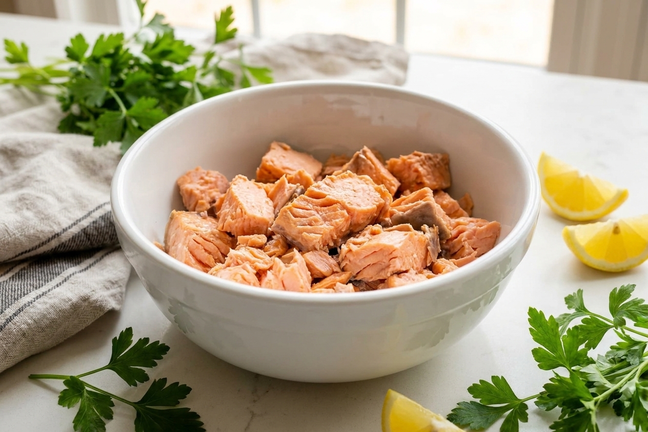 Drained canned salmon in a white mixing bowl, flaked into chunks on a kitchen counter