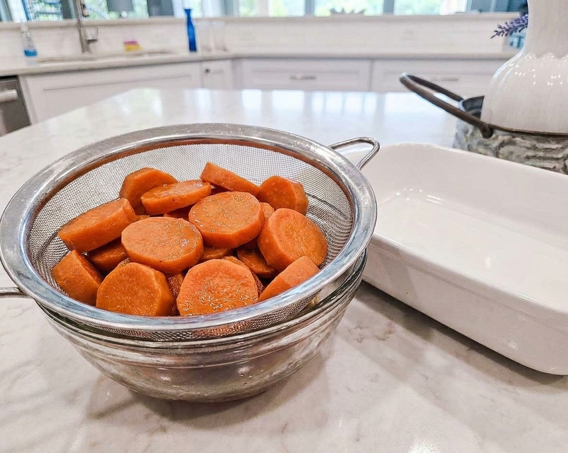 Drained canned yams resting in a metal colander over a bowl on a kitchen counter, with a baking dish nearby