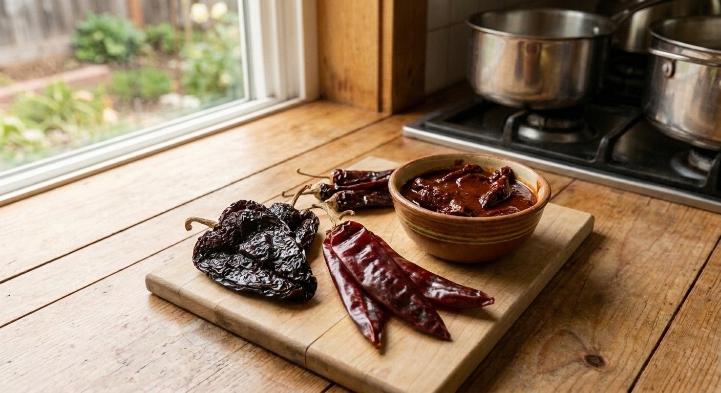 Dried ancho and guajillo chiles beside a small bowl with chipotles in adobo on a wooden cutting board