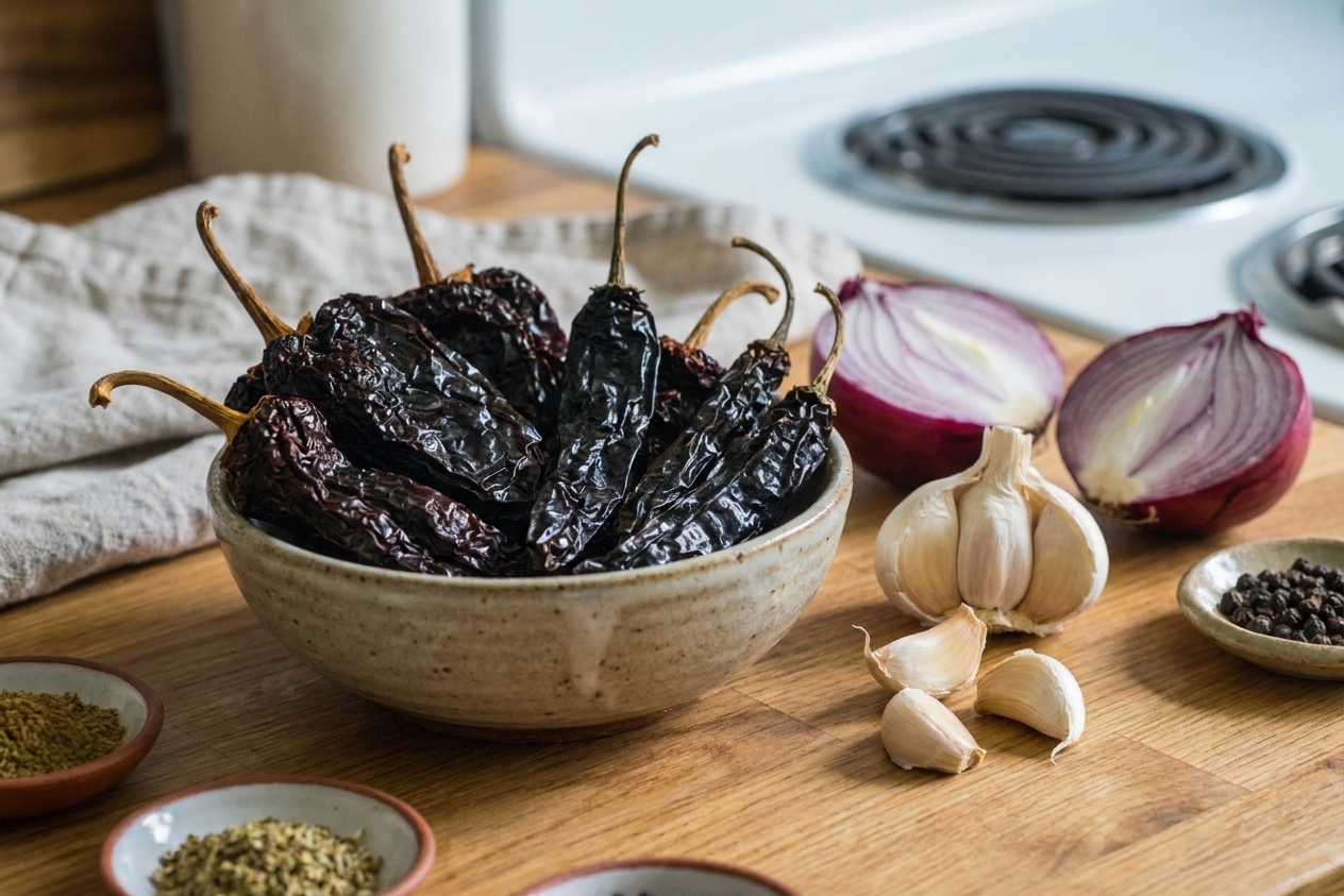 Dried ancho and pasilla chiles in a small bowl on a kitchen counter beside garlic, onion, and spices