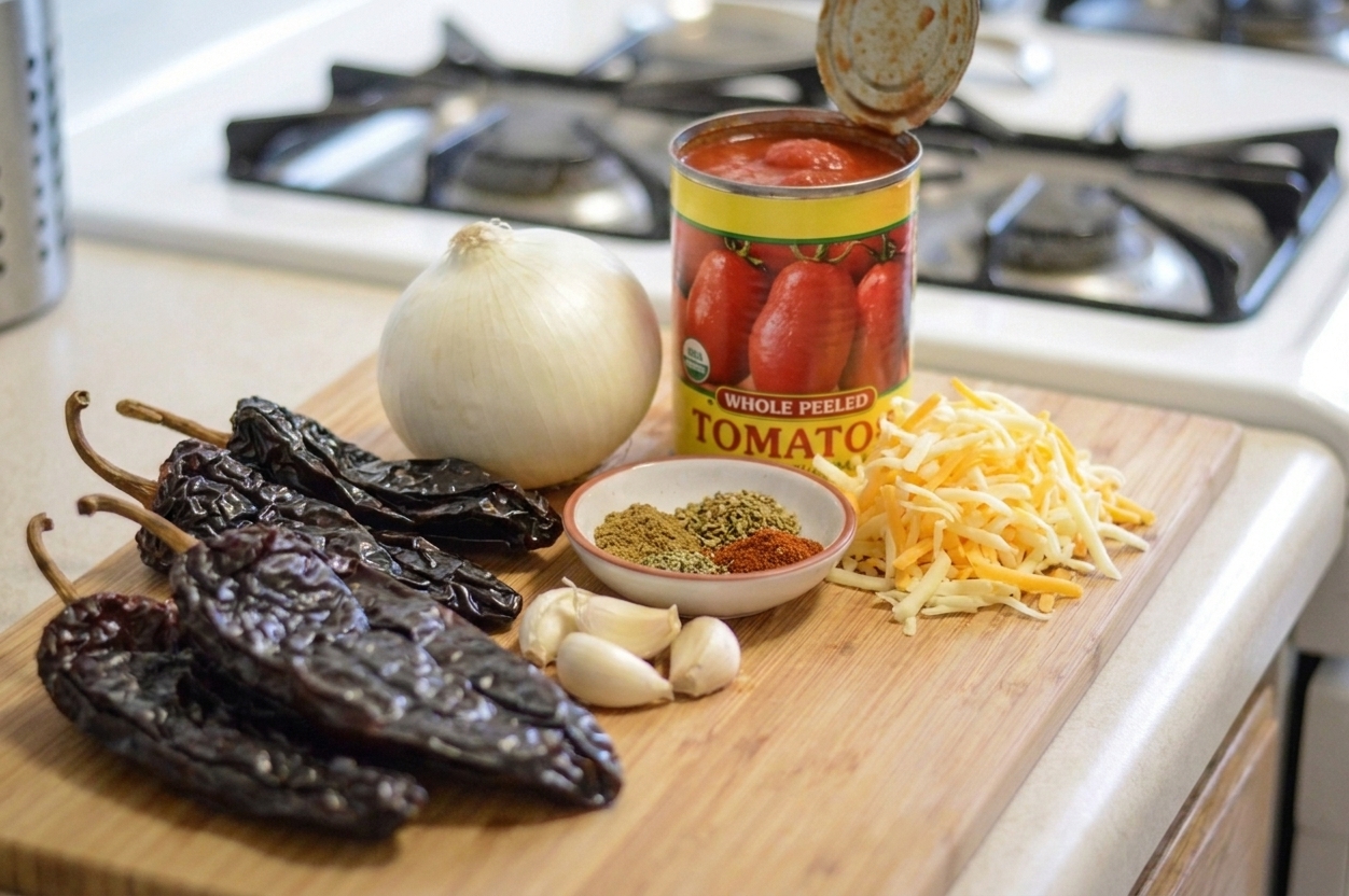 Dried ancho chiles, onion, garlic, canned tomatoes, spices, and shredded cheese arranged on a wooden kitchen counter in warm natural light