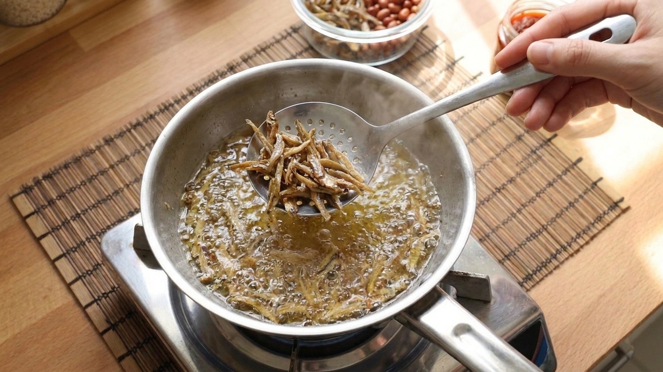 Dried anchovies frying in a small skillet with bubbling oil, a slotted spoon stirring them, on a stovetop