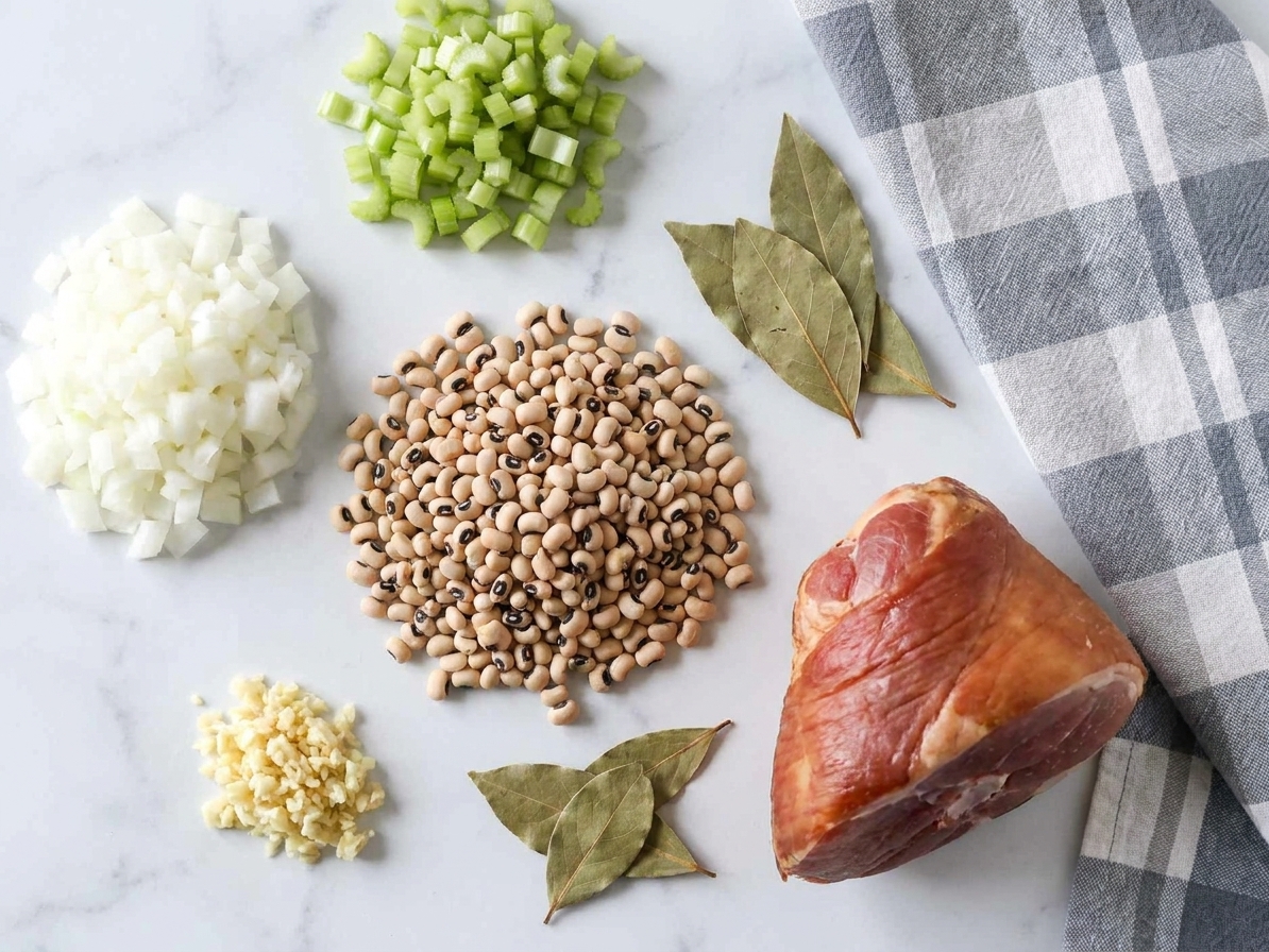 Dried black-eyed peas, diced onion, celery, garlic, bay leaves, and a smoked ham hock arranged on a bright kitchen counter