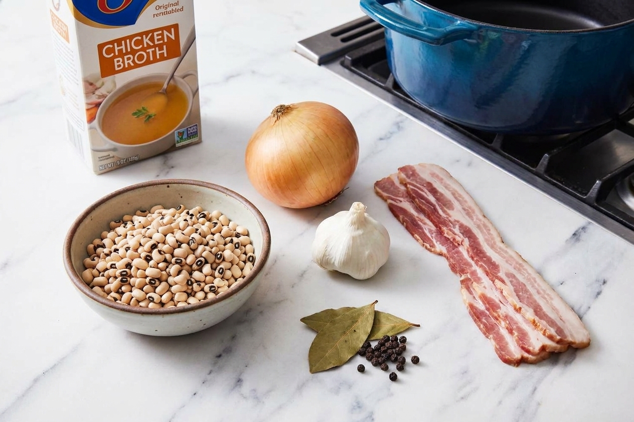 Dried black-eyed peas measured in a small bowl on a kitchen counter beside onion, garlic, bacon, spices, and a carton of broth