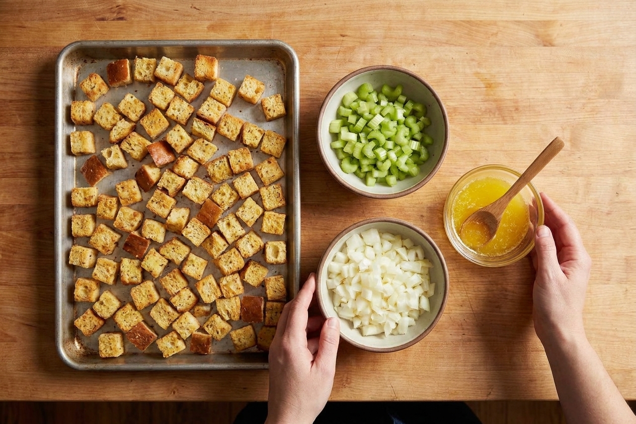 Dried bread cubes on a sheet pan next to chopped celery and onions with a small bowl of melted butter on the counter