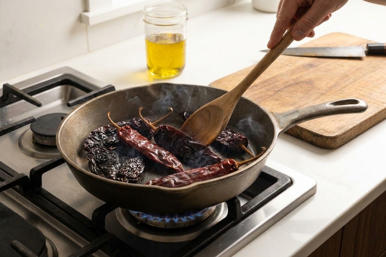 Dried chiles being lightly toasted in a dry skillet on a stovetop, with a wooden spoon nearby on a clean kitchen counter