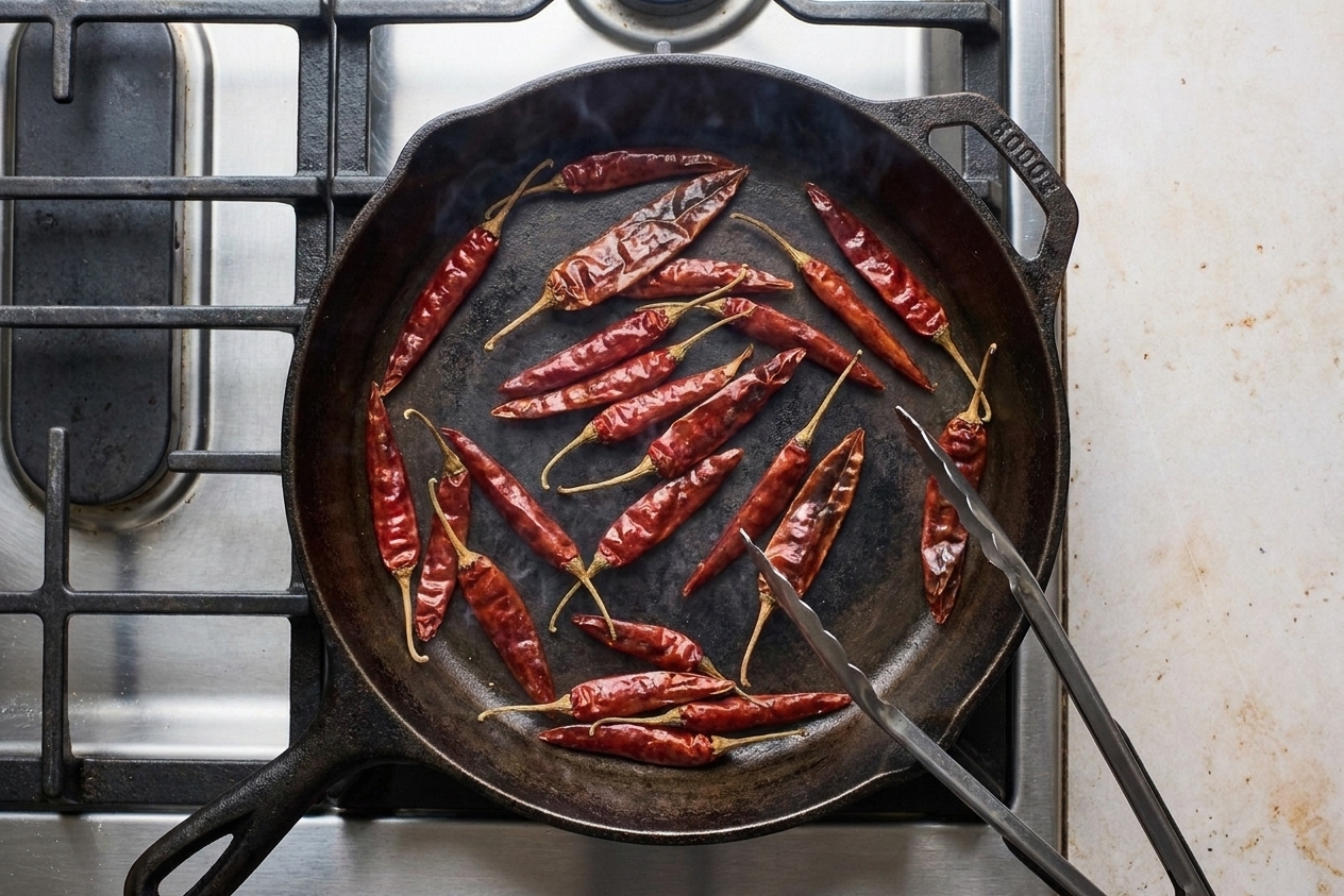 Dried chiles being lightly toasted in a dry skillet on a stove, with tongs resting on the pan edge