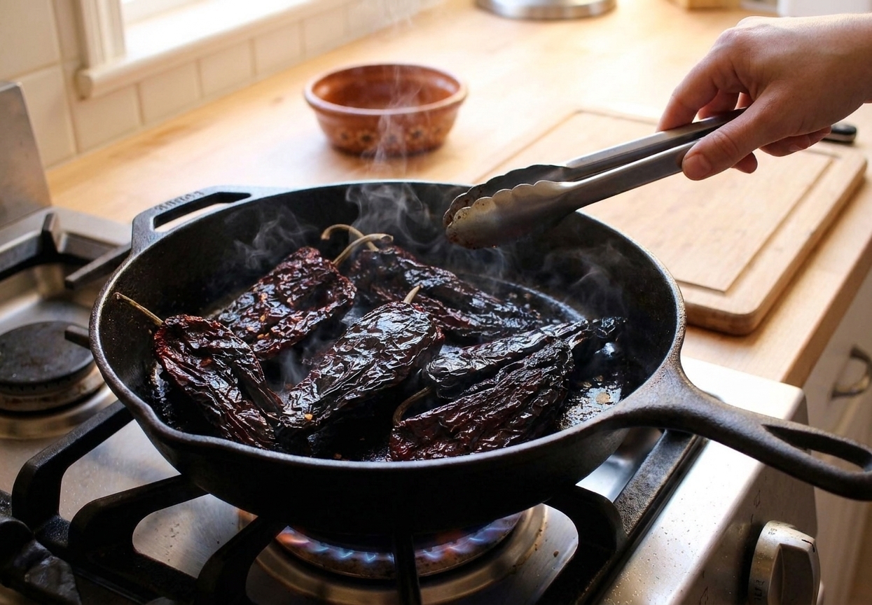 Dried chiles being lightly toasted in a hot skillet with a pair of tongs hovering above on a home stove