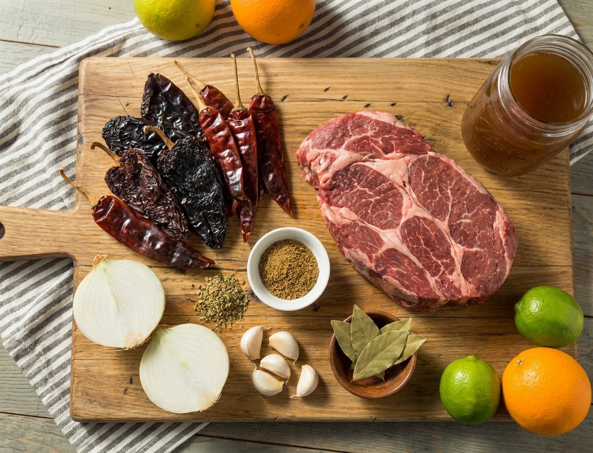 Dried chiles, chuck roast, onions, garlic, limes, oranges, spices, and broth arranged on a bright kitchen counter