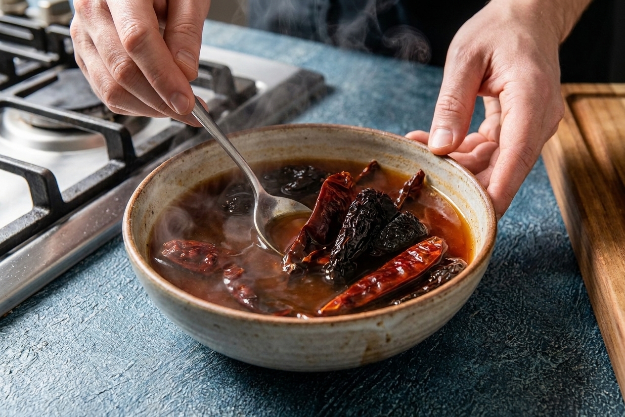 Dried chiles soaking in hot liquid in a ceramic bowl, turning the liquid reddish on a kitchen counter