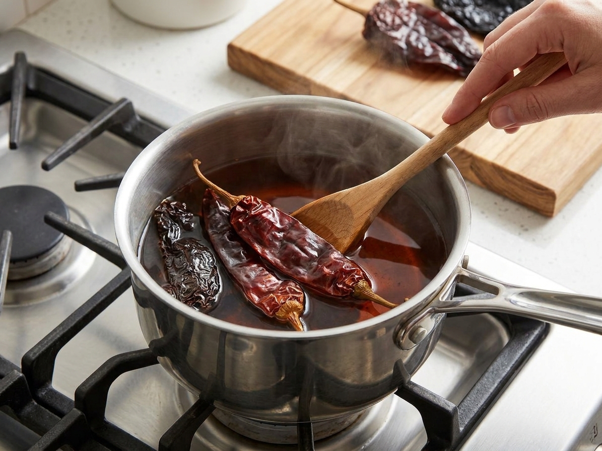 Dried chiles softening in a small saucepan of hot water on a stovetop
