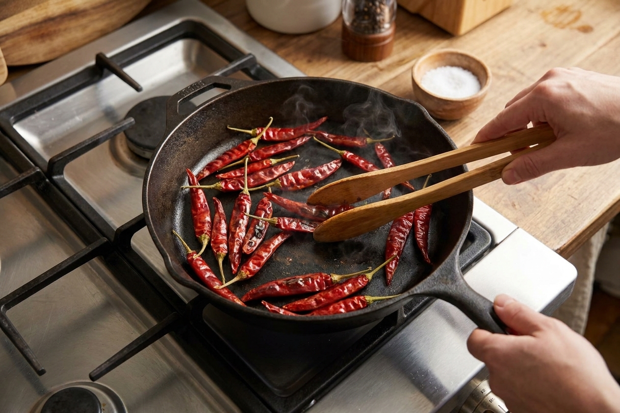 Dried chiles toasting in a cast iron skillet on a stovetop with warm kitchen lighting
