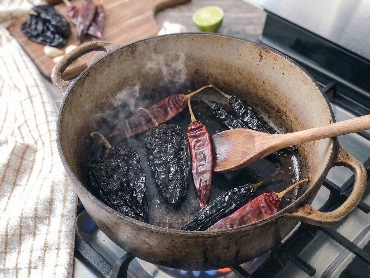 Dried chiles toasting in a cast iron skillet on a stovetop, lightly blistered with a wooden spatula nearby