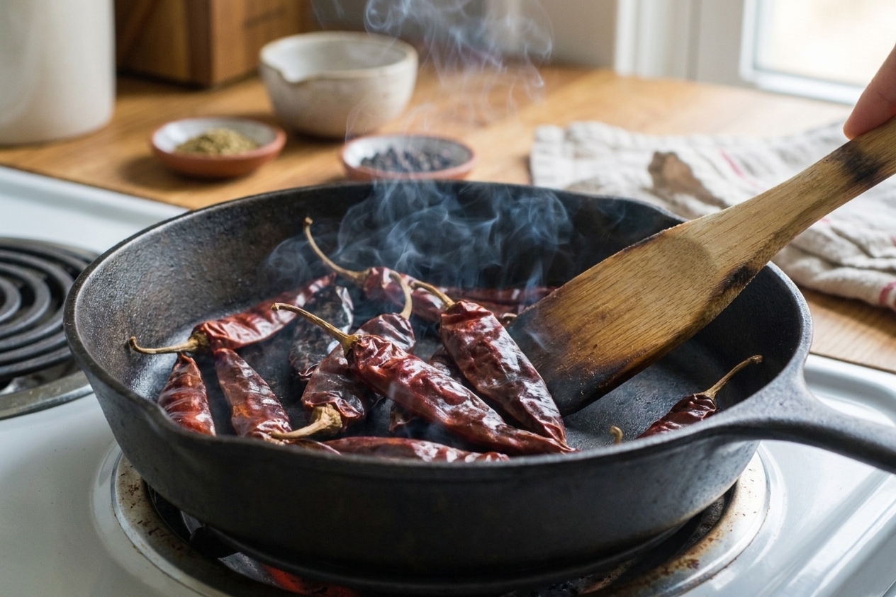Dried chiles toasting in a dry skillet on a stovetop with a wooden spatula nearby
