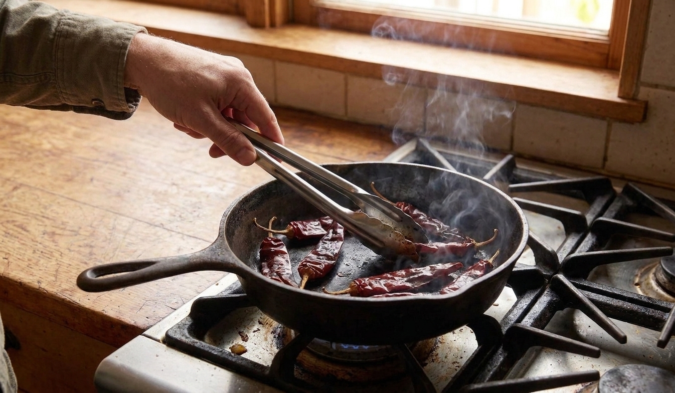Dried chiles toasting in a dry skillet on a stovetop as tongs flip them