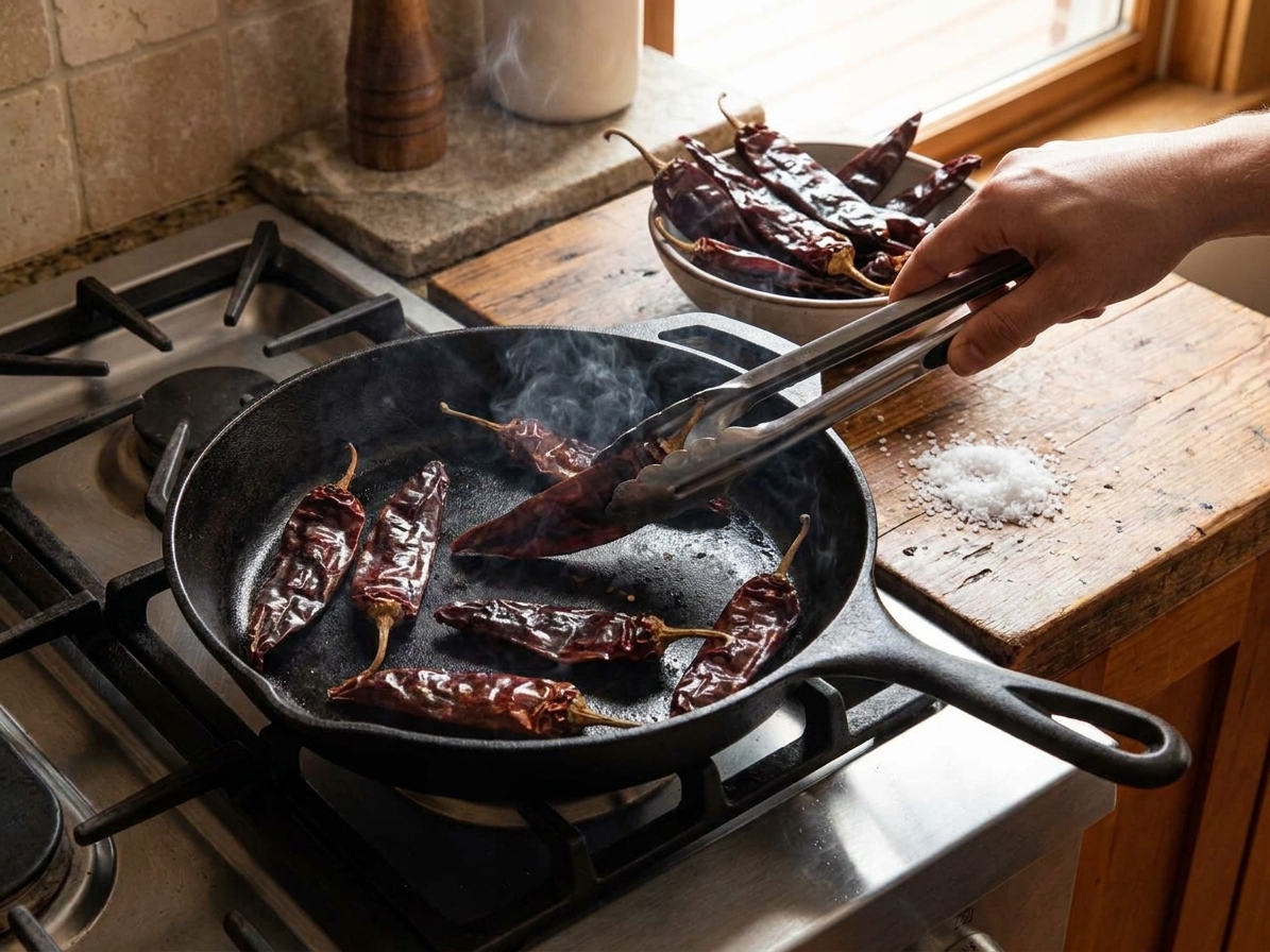 Dried chiles toasting in a skillet on a stovetop with tongs nearby