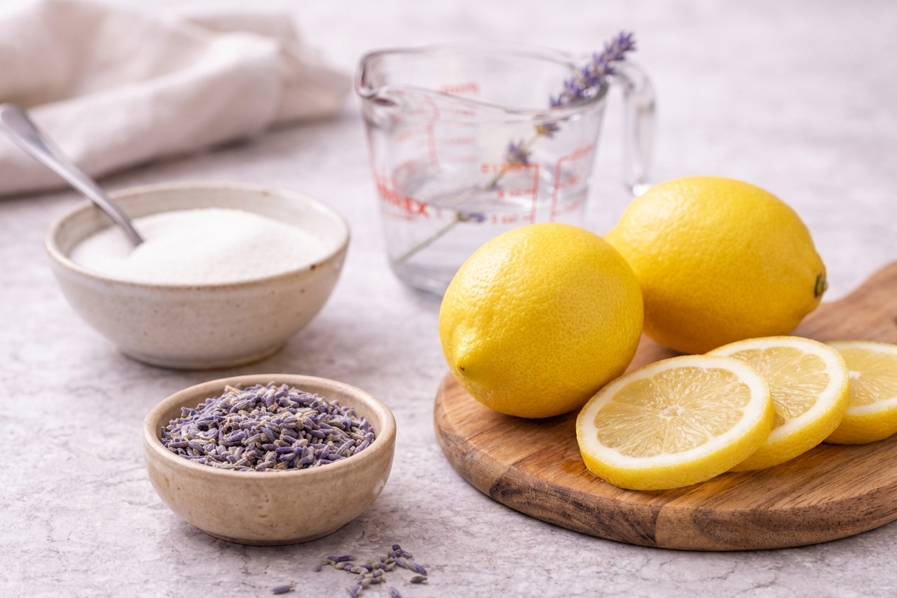 Dried culinary lavender buds in a small bowl next to fresh lemons, sugar, and a glass measuring cup on a neutral kitchen counter