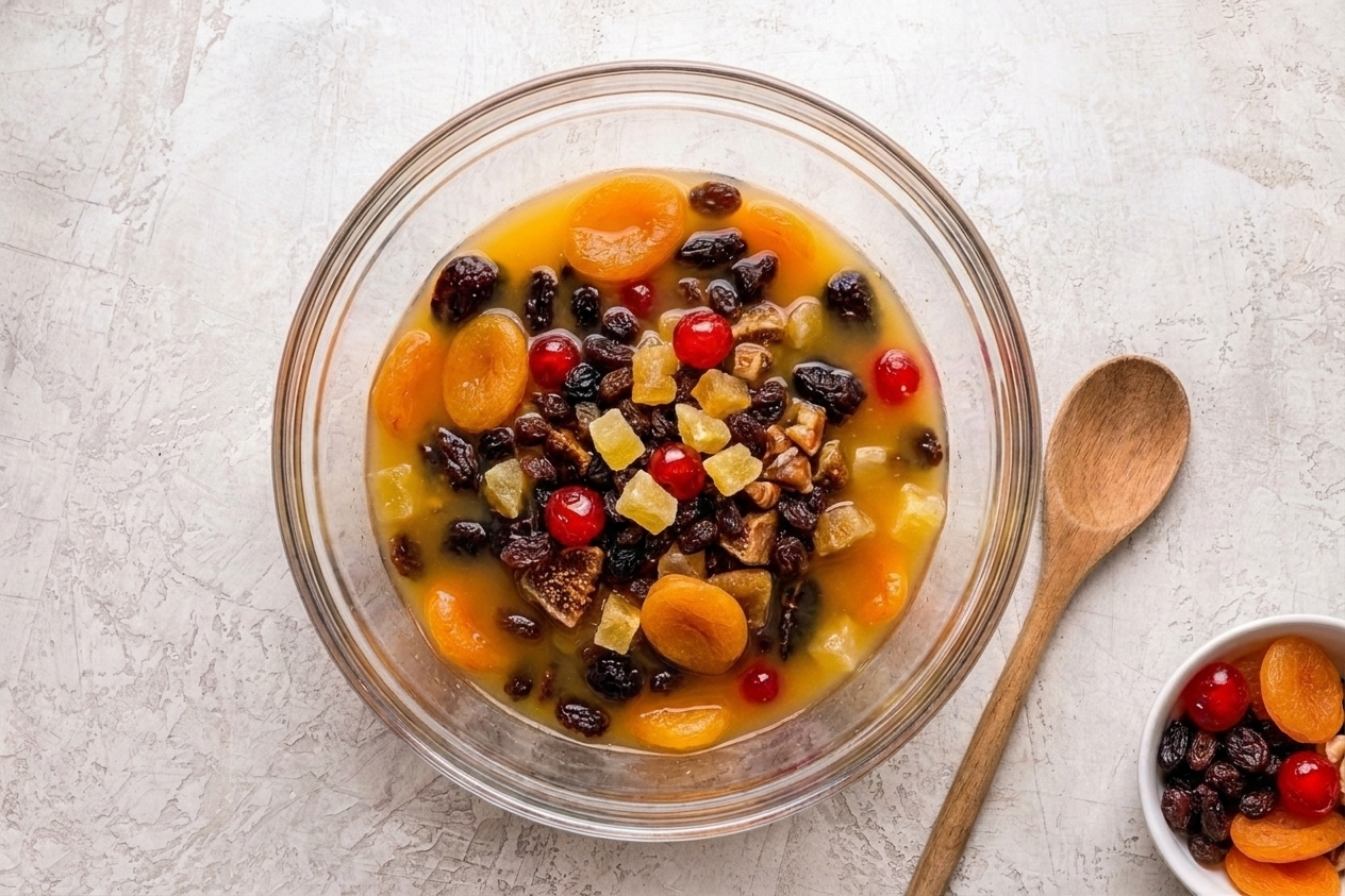 Dried fruit soaking in orange juice in a glass bowl on a kitchen counter