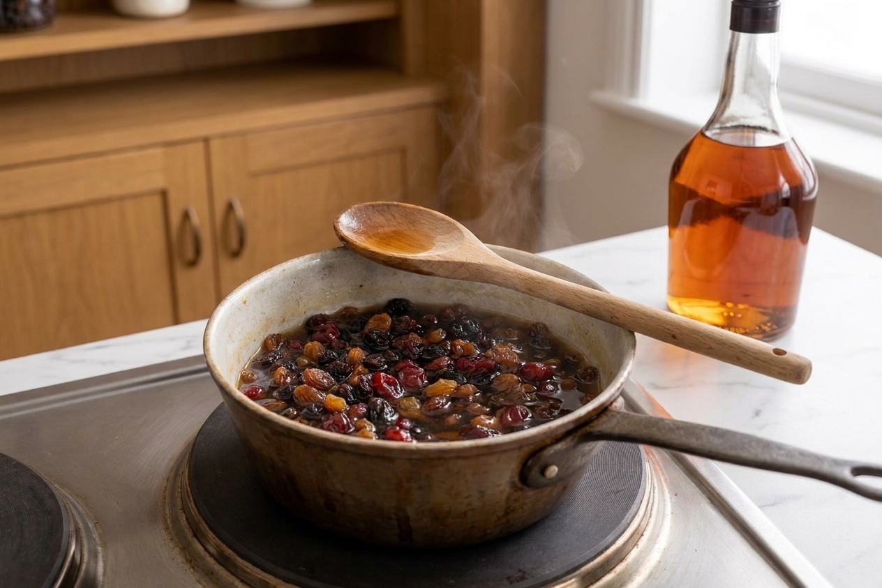 Dried fruit soaking in warm brandy in a small saucepan on a stovetop, with a spoon resting on the rim