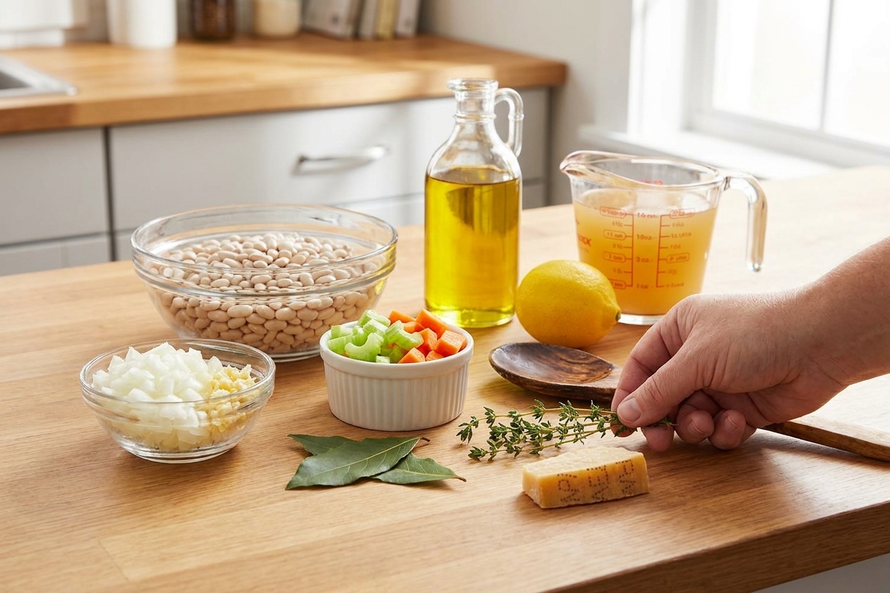 Dried great northern beans, onion, garlic, celery, carrot, bay leaf, thyme, Parmesan rind, olive oil, lemon, and broth on a clean kitchen counter in warm natural light