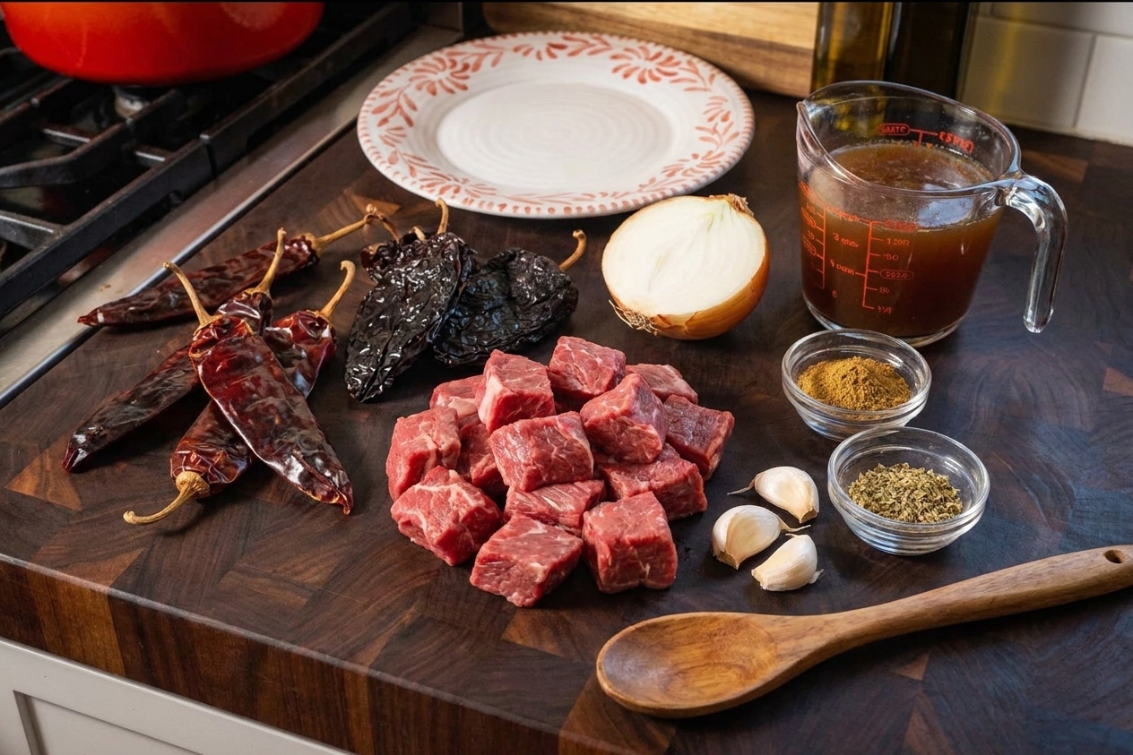 Dried guajillo and ancho chiles, beef chuck cubes, onion, garlic, cumin, oregano, and broth arranged on a clean kitchen counter with warm natural light