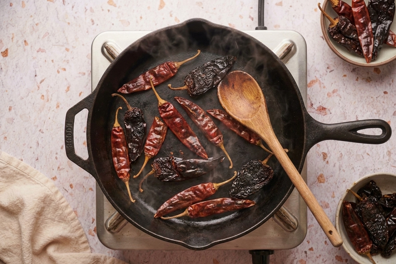 Dried guajillo and ancho chiles being lightly toasted in a dry skillet on a stovetop