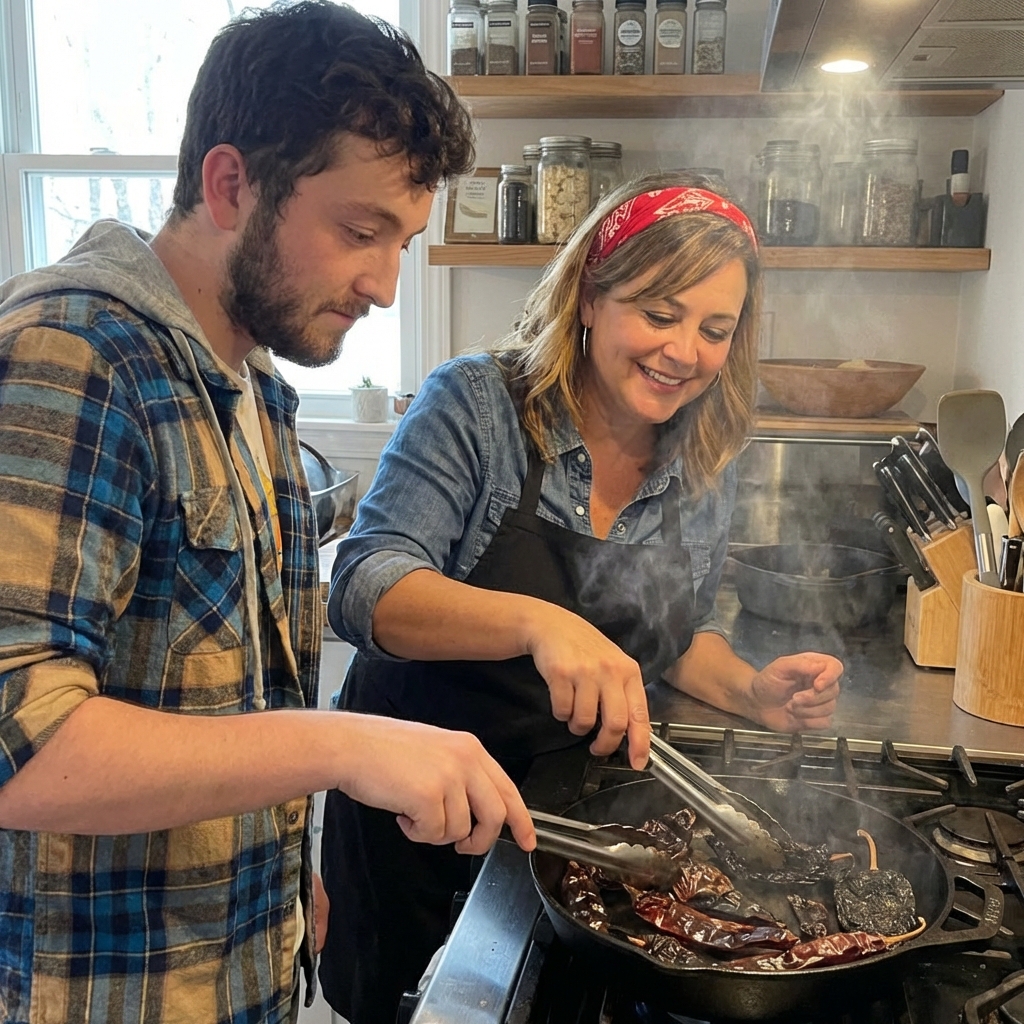 Dried guajillo and ancho chiles being toasted in a skillet until fragrant