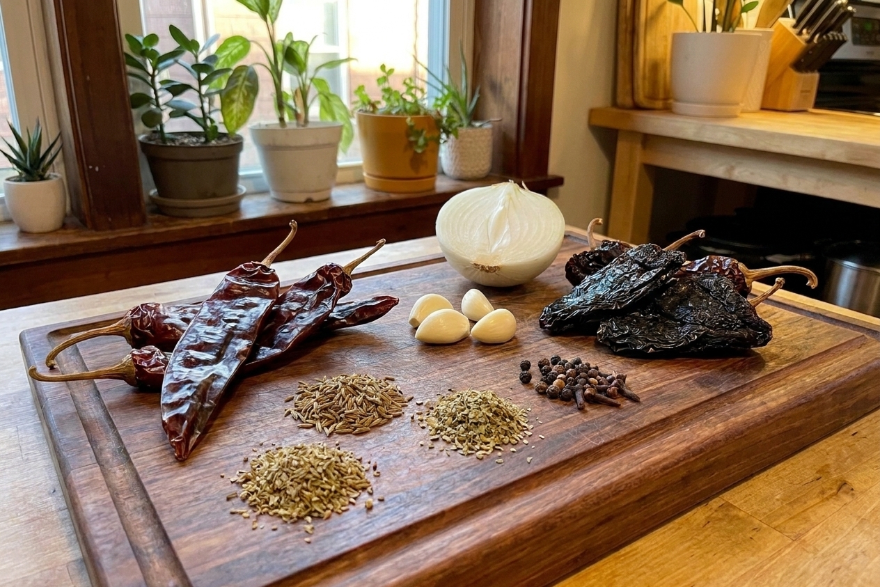 Dried guajillo and ancho chiles, garlic, onion, and spices arranged on a wooden cutting board on a kitchen counter with warm natural light
