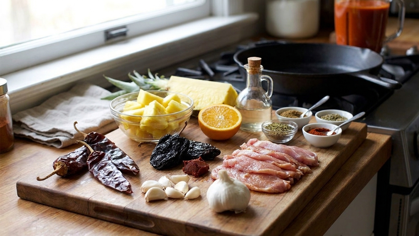 Dried guajillo and ancho chiles, garlic, pineapple chunks, orange, vinegar, spices, and pork slices arranged on a tidy kitchen counter with warm natural light