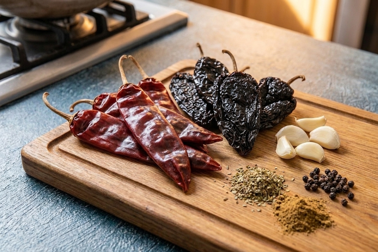 Dried guajillo and ancho chiles on a cutting board with garlic cloves and spices nearby on a warm kitchen counter