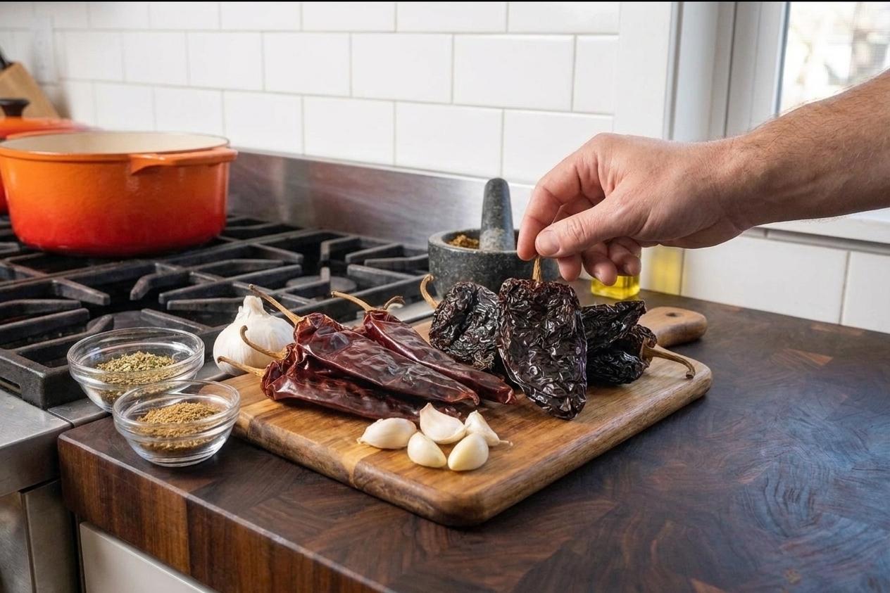 Dried guajillo and ancho chiles on a cutting board with garlic cloves and spices nearby on a bright kitchen counter