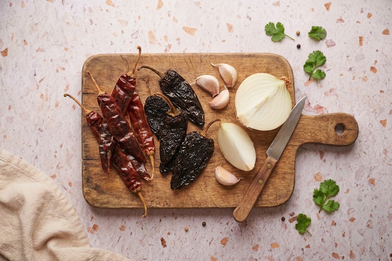 Dried guajillo and ancho chiles on a cutting board with garlic cloves and a halved onion, ready to be toasted and blended for pozole rojo