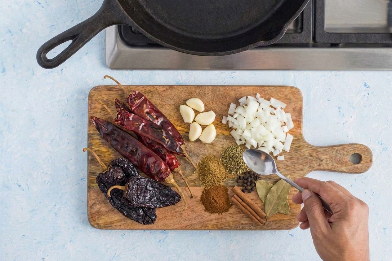Dried guajillo and ancho chiles on a cutting board with garlic, onion, and warm spices on a kitchen counter