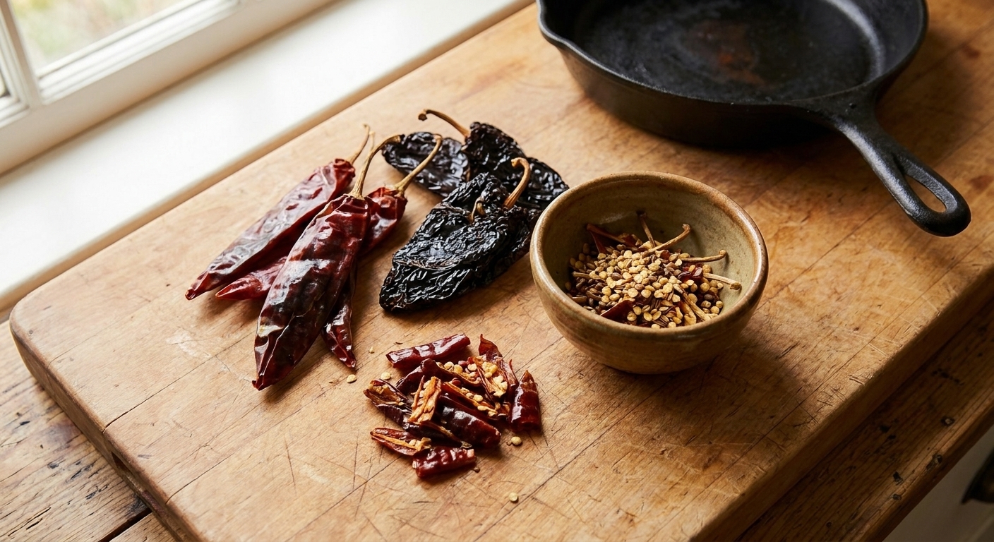 Dried guajillo and ancho chiles on a cutting board with seeds removed, next to a small bowl