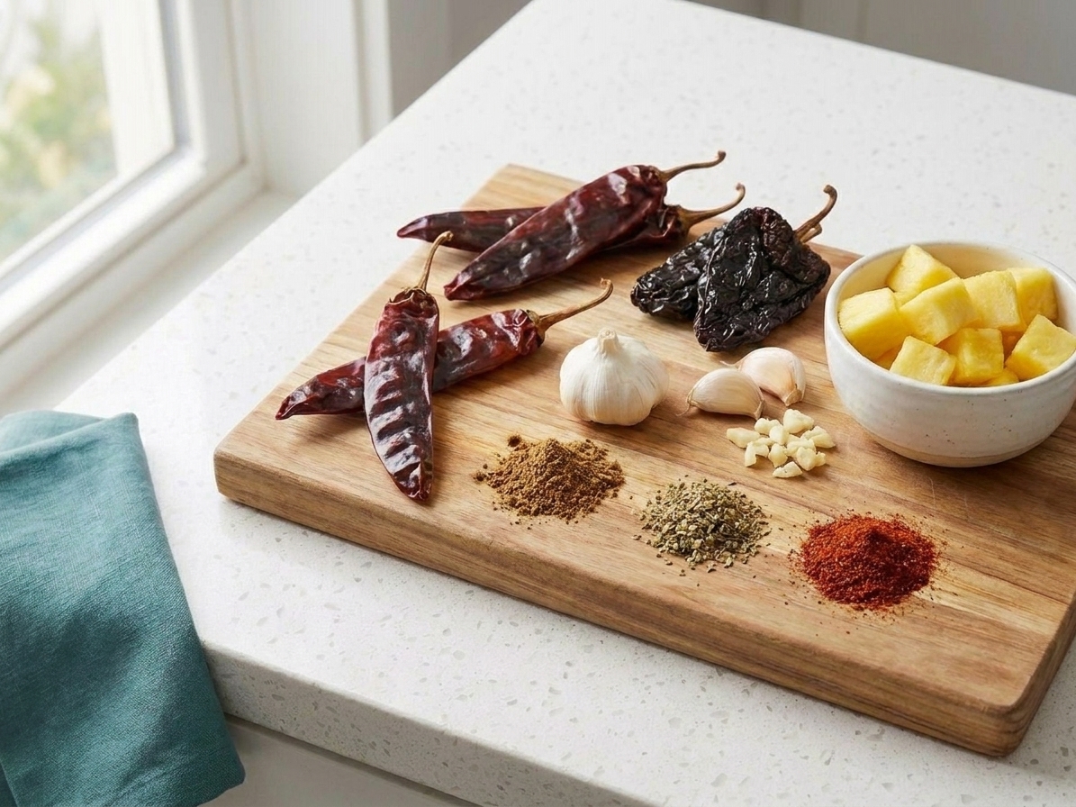 Dried guajillo and ancho chiles on a wooden cutting board next to garlic, spices, and a bowl of pineapple chunks in a home kitchen