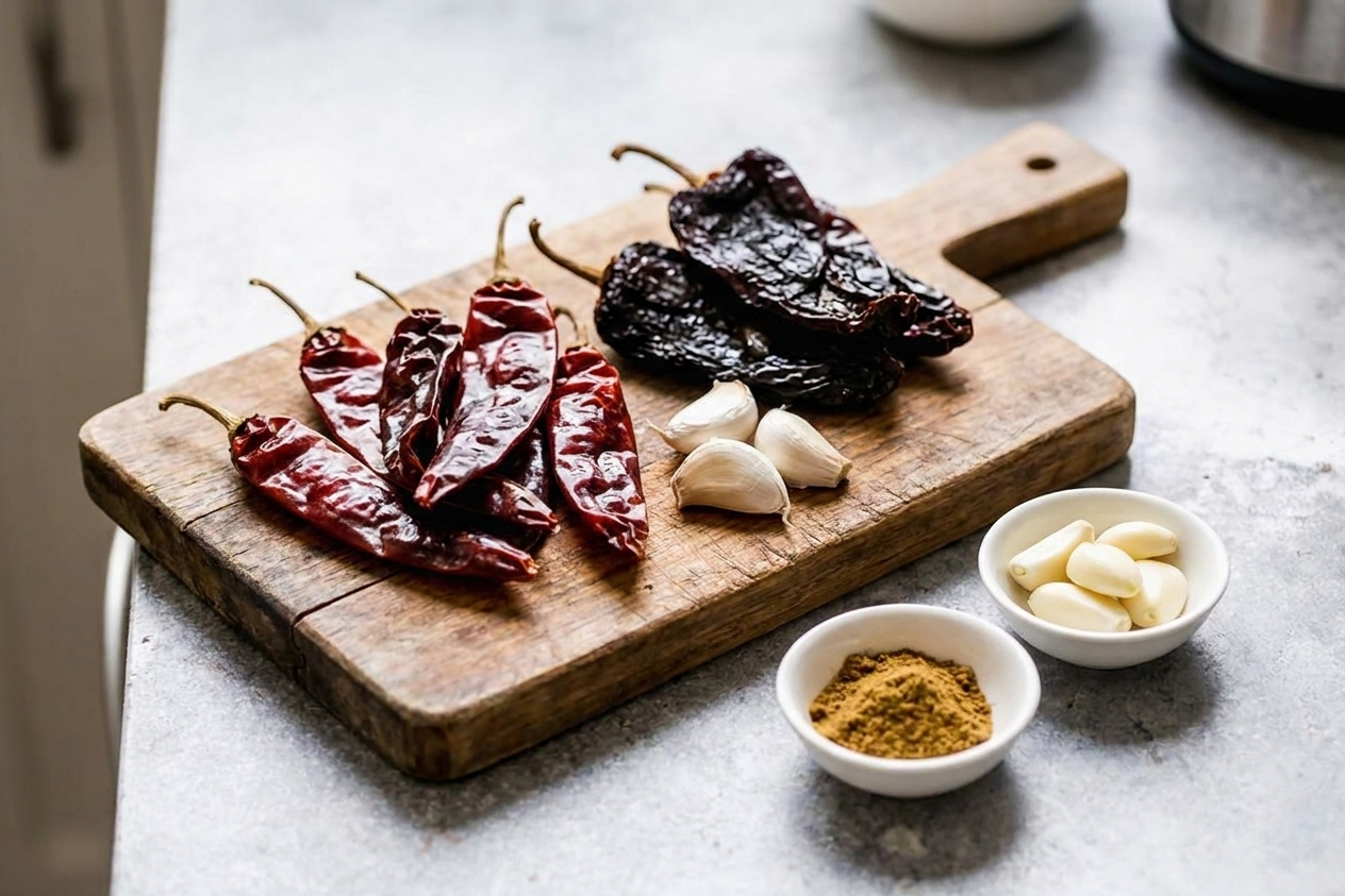 Dried guajillo and ancho chiles on a wooden cutting board next to garlic cloves and cumin in small bowls on a kitchen counter