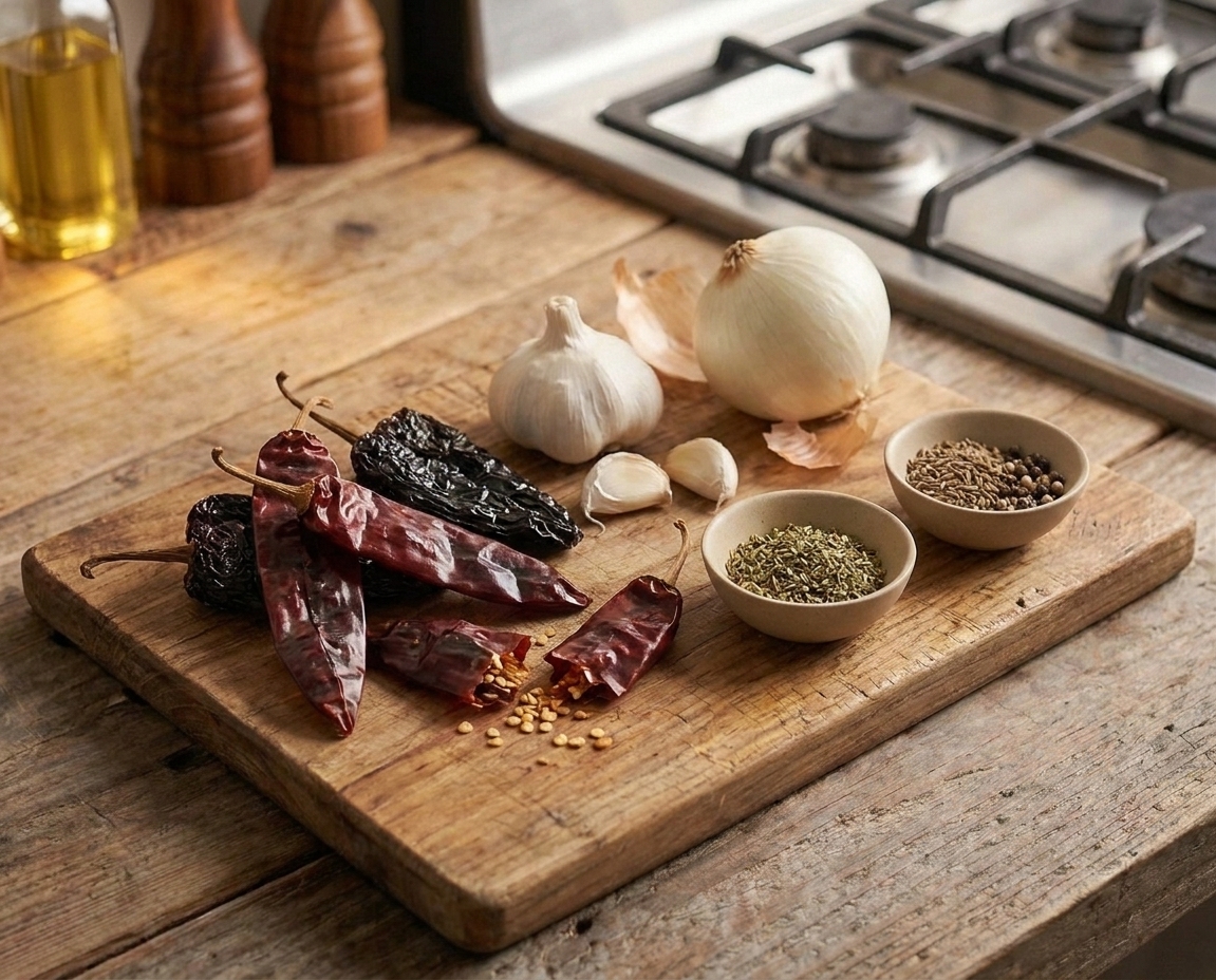Dried guajillo and ancho chiles on a wooden cutting board beside garlic, onion, and spices on a kitchen counter