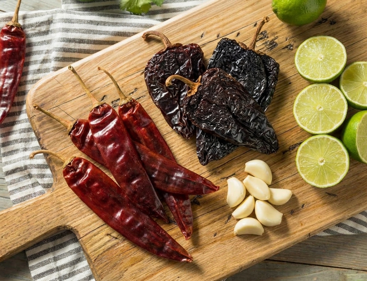 Dried guajillo and ancho chiles on a wooden cutting board next to peeled garlic cloves and halved limes