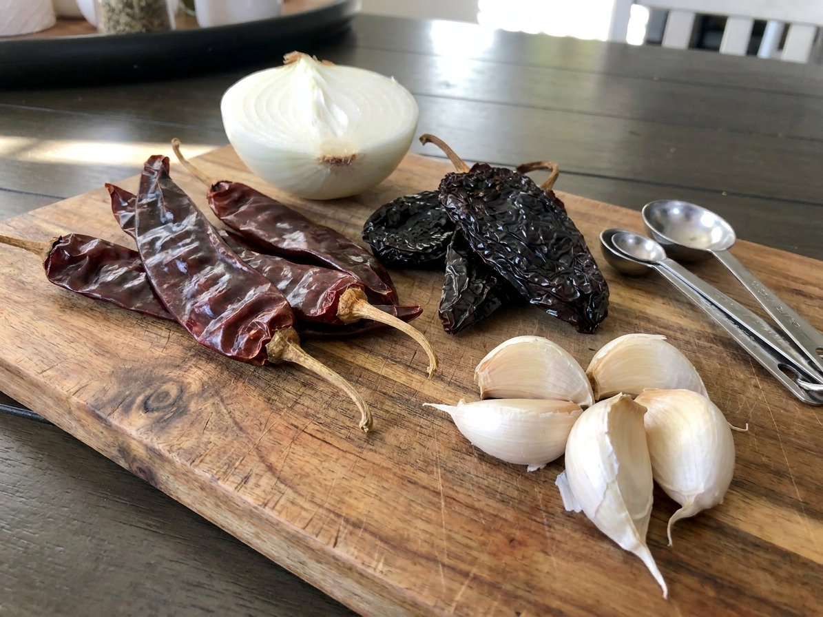 Dried guajillo and ancho chiles on a wooden cutting board with garlic cloves, a halved onion, and measuring spoons