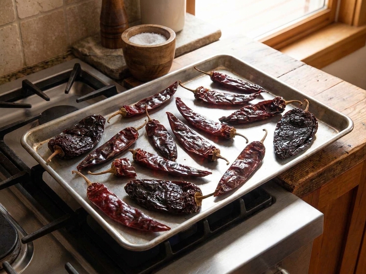 Dried guajillo and ancho chiles spread on a baking sheet on a kitchen counter