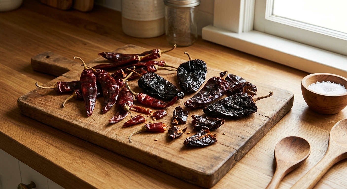 Dried guajillo and ancho chiles spread on a wooden cutting board on a kitchen counter