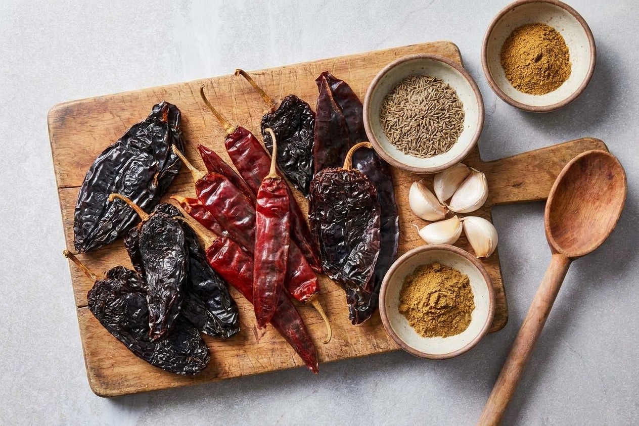 Dried guajillo and ancho chiles spread on a wooden cutting board next to garlic cloves and cumin in small bowls on a kitchen counter