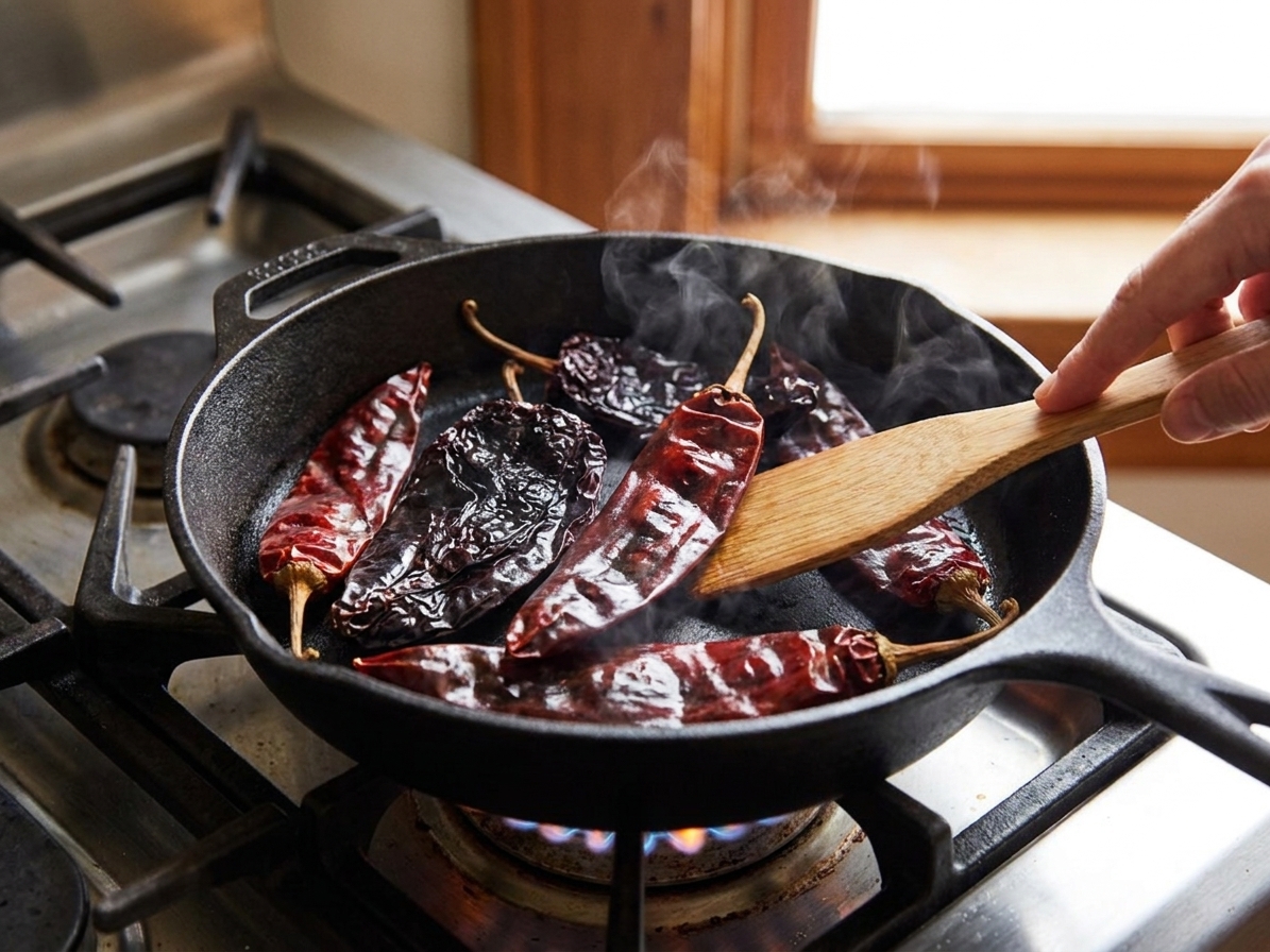 Dried guajillo and ancho chiles toasting in a dry skillet on a stovetop, slightly glossy as they warm