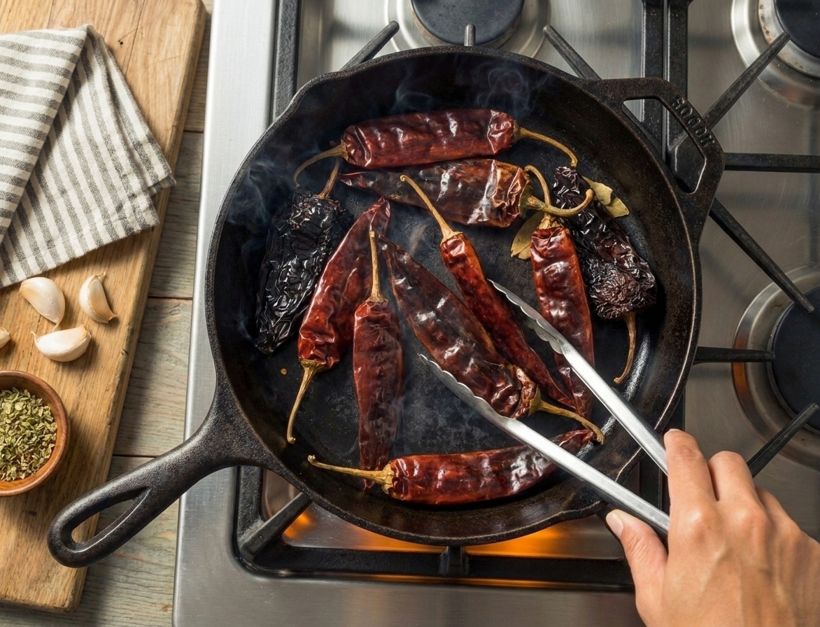 Dried guajillo and ancho chiles toasting in a small skillet on a home stove