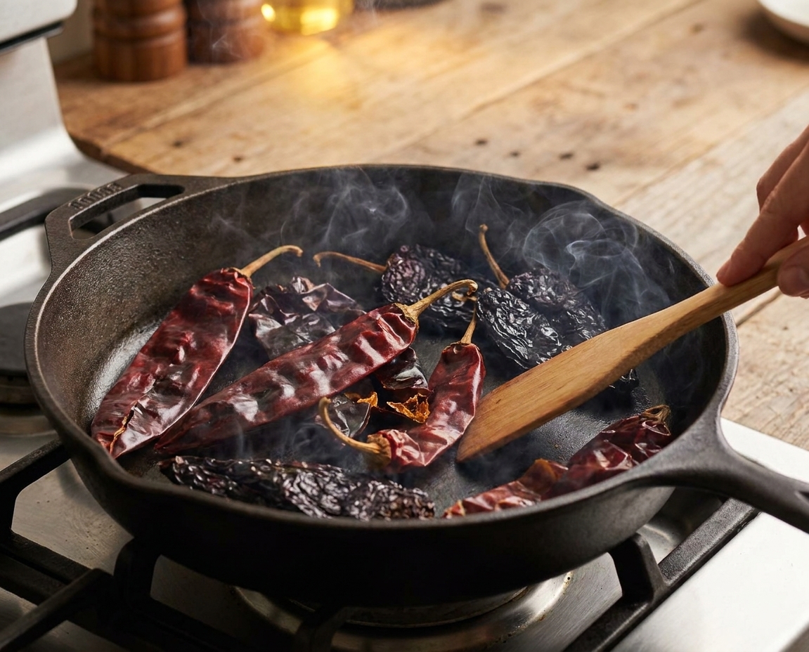 Dried guajillo and ancho chiles warming in a dry skillet on a stovetop as they turn fragrant