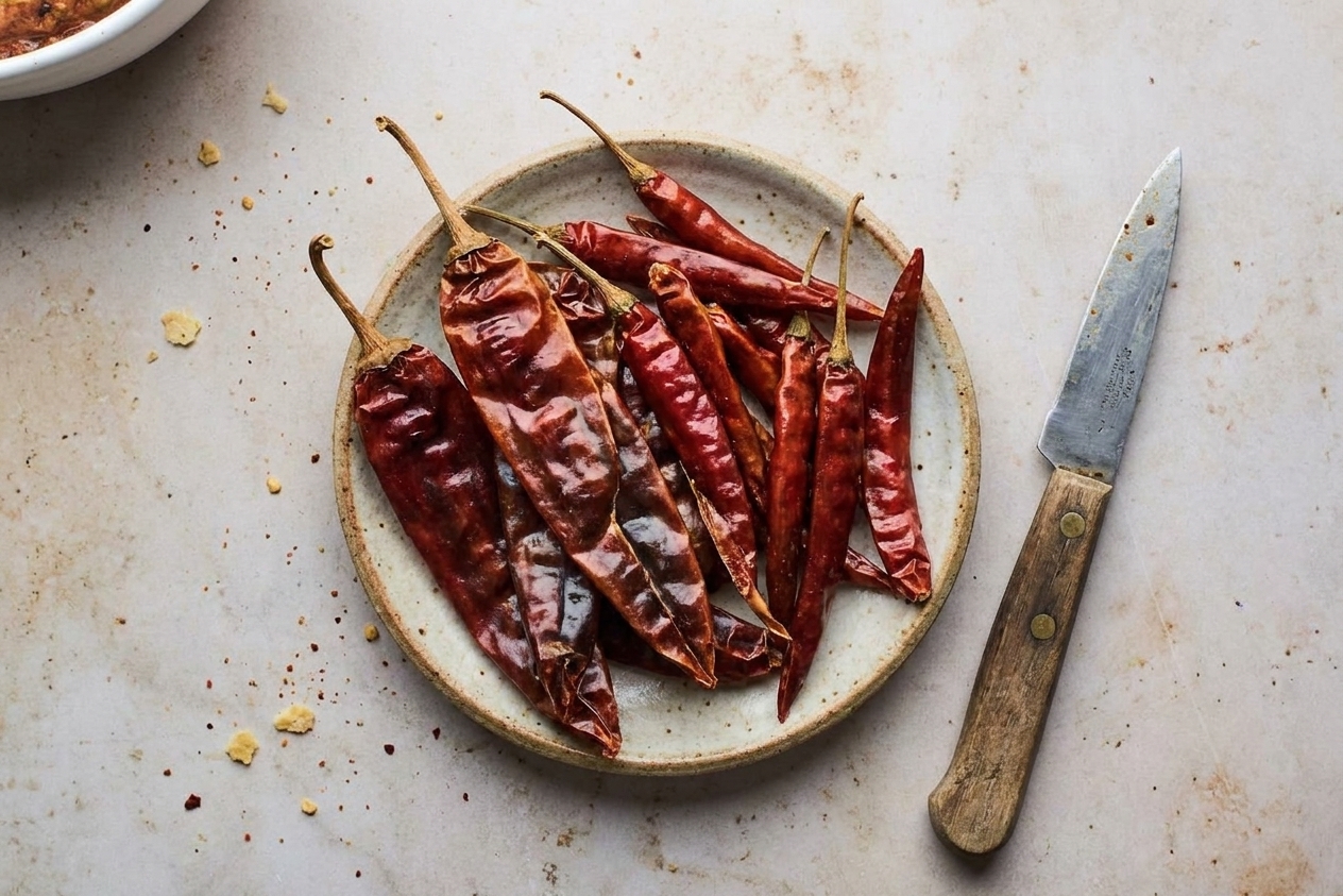 Dried guajillo and arbol chiles on a small plate next to a paring knife on a kitchen counter
