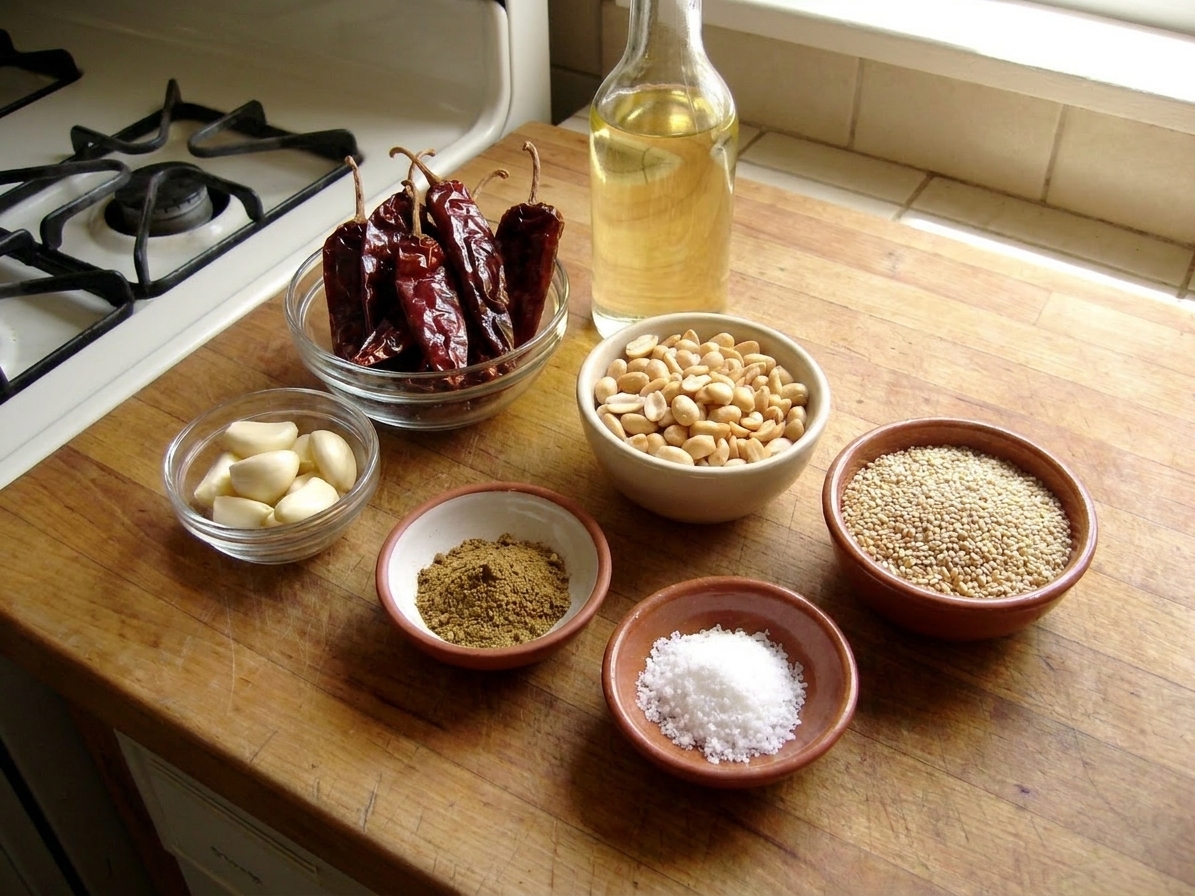 Dried guajillo and árbol chiles, peeled garlic cloves, peanuts, sesame seeds, and spices arranged in small bowls on a bright kitchen counter