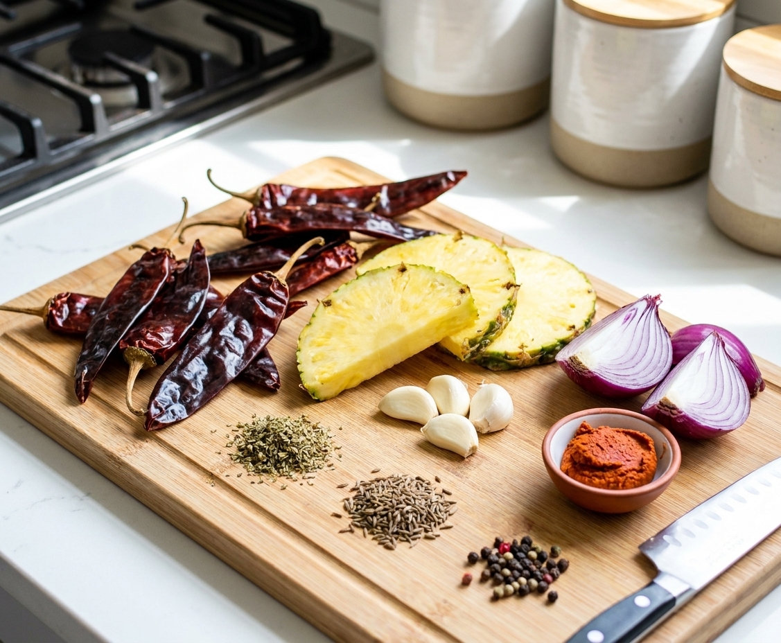 Dried guajillo chiles, sliced pineapple, garlic, onion, spices, and a small bowl of achiote paste arranged on a bright kitchen counter
